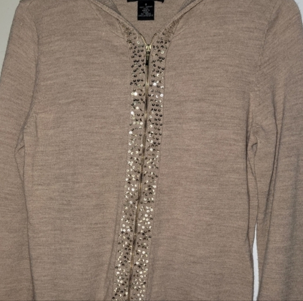 Like New Sarah Spencer Taupe Gold Sequin Zip Hoodie Cardigan M Wool - Picture 10 of 14